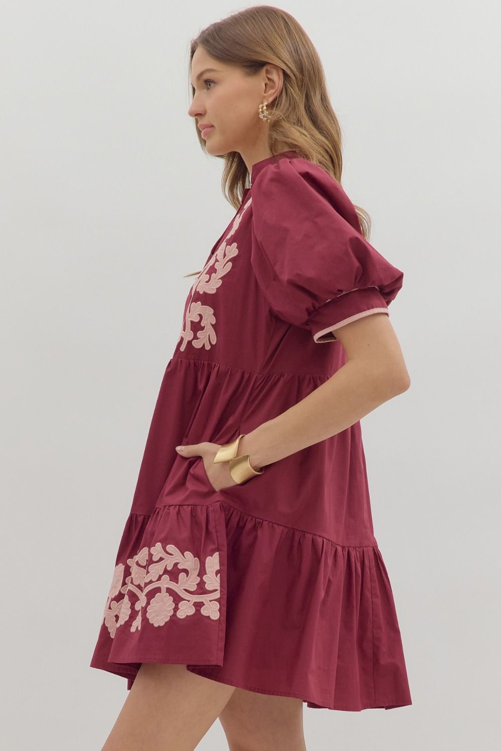 Embroidered Puff Sleeve Mini Dress