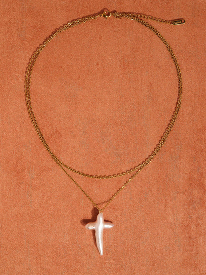 Aurise 18K Gold Non-Tarnish Freshwater Pearl Cross Necklace