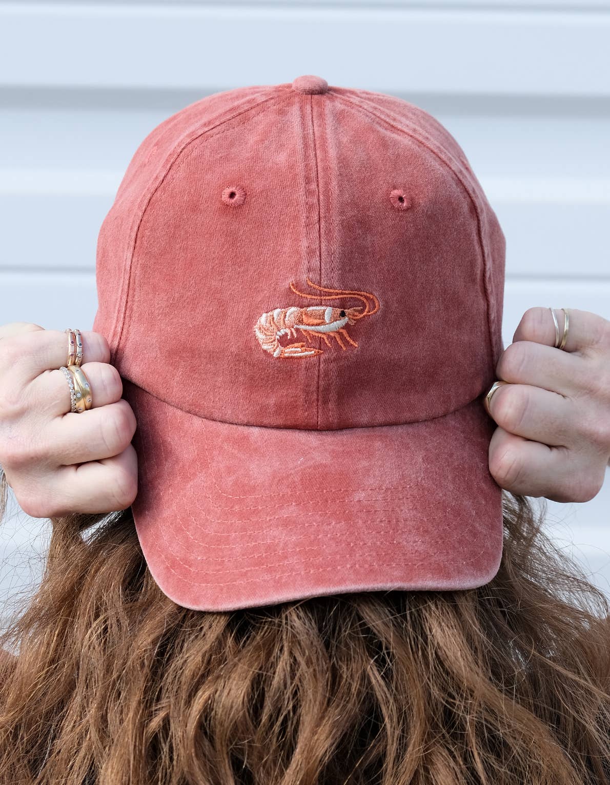 Shrimp Embroidered Hat, Washed Brick Color