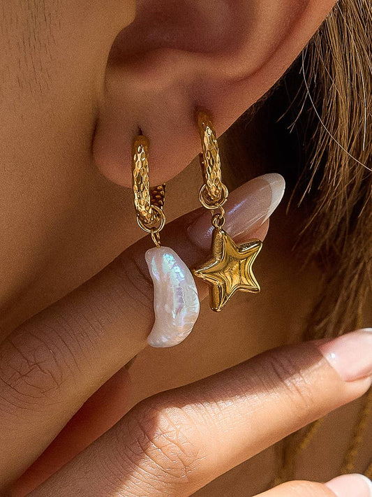 Tillyn 18K Gold Non-Tarnish Mismatch Moon and Star Earring