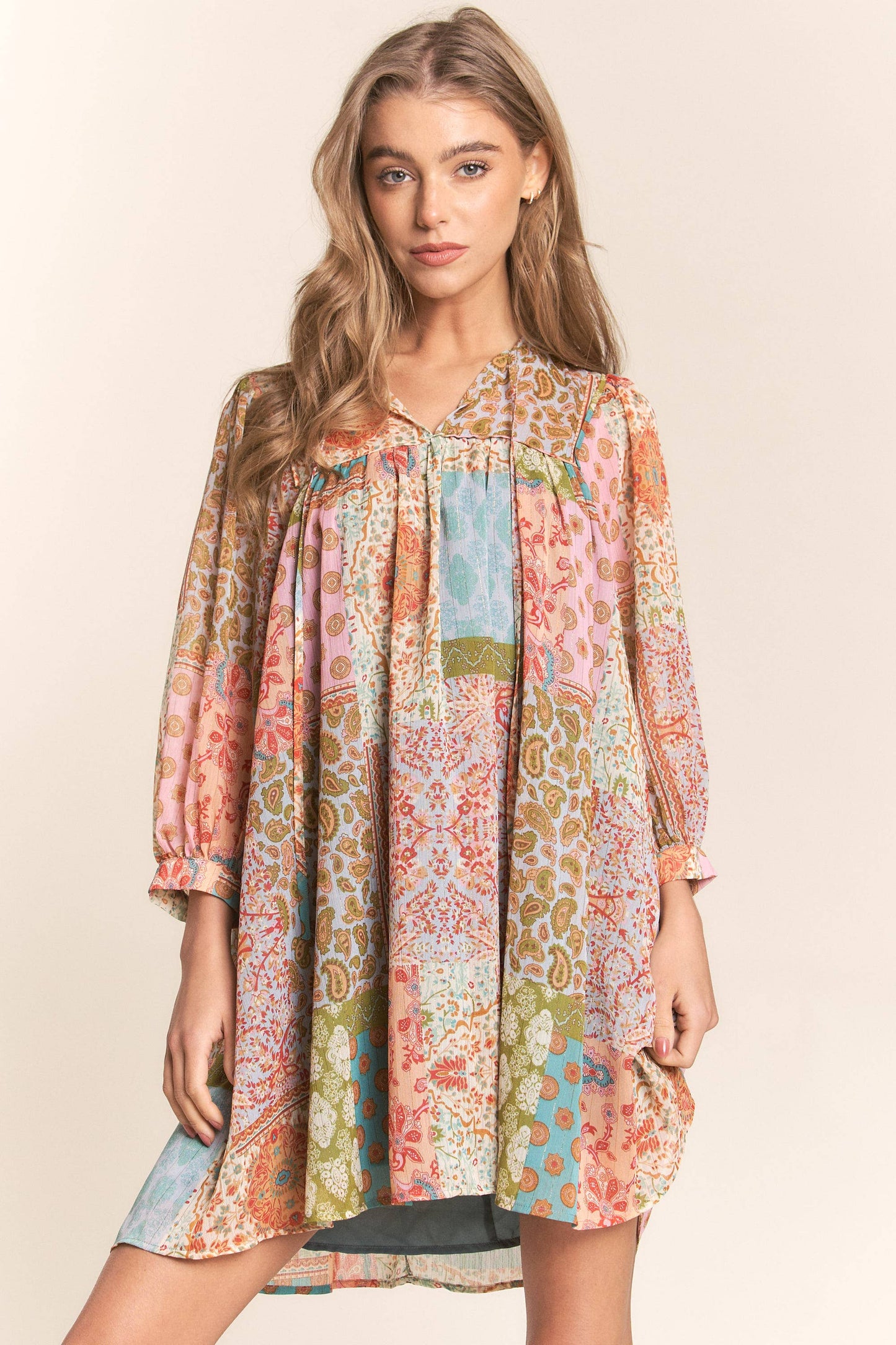 Multi Print Long Sleeve Chiffon Dress