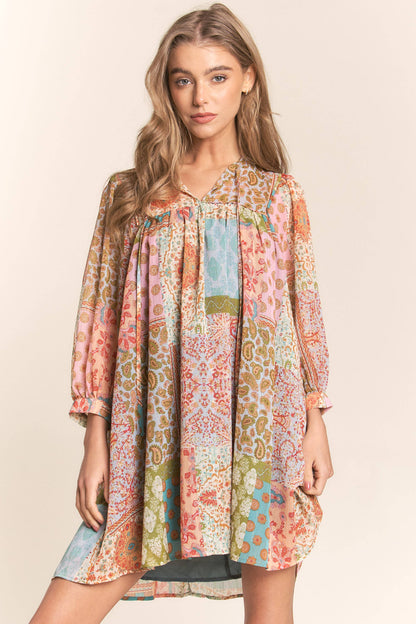 Multi Print Long Sleeve Chiffon Dress
