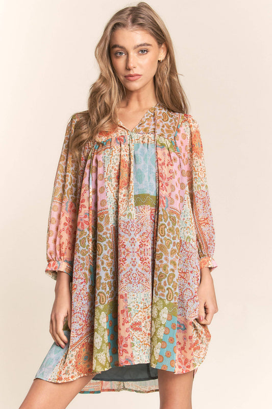Multi Print Long Sleeve Chiffon Dress