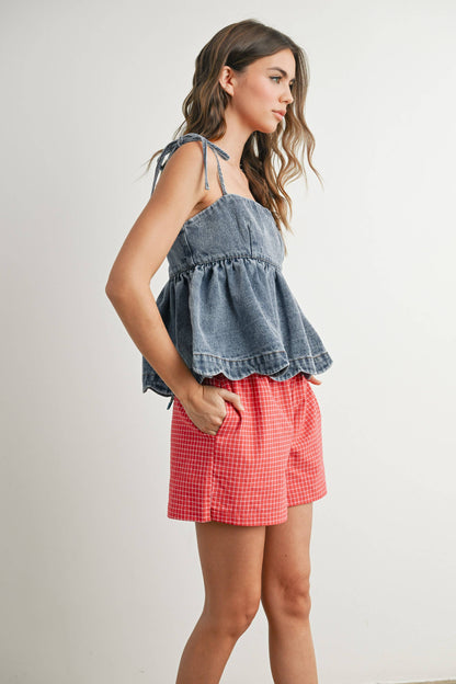 Denim Tie-Strap Peplum Top