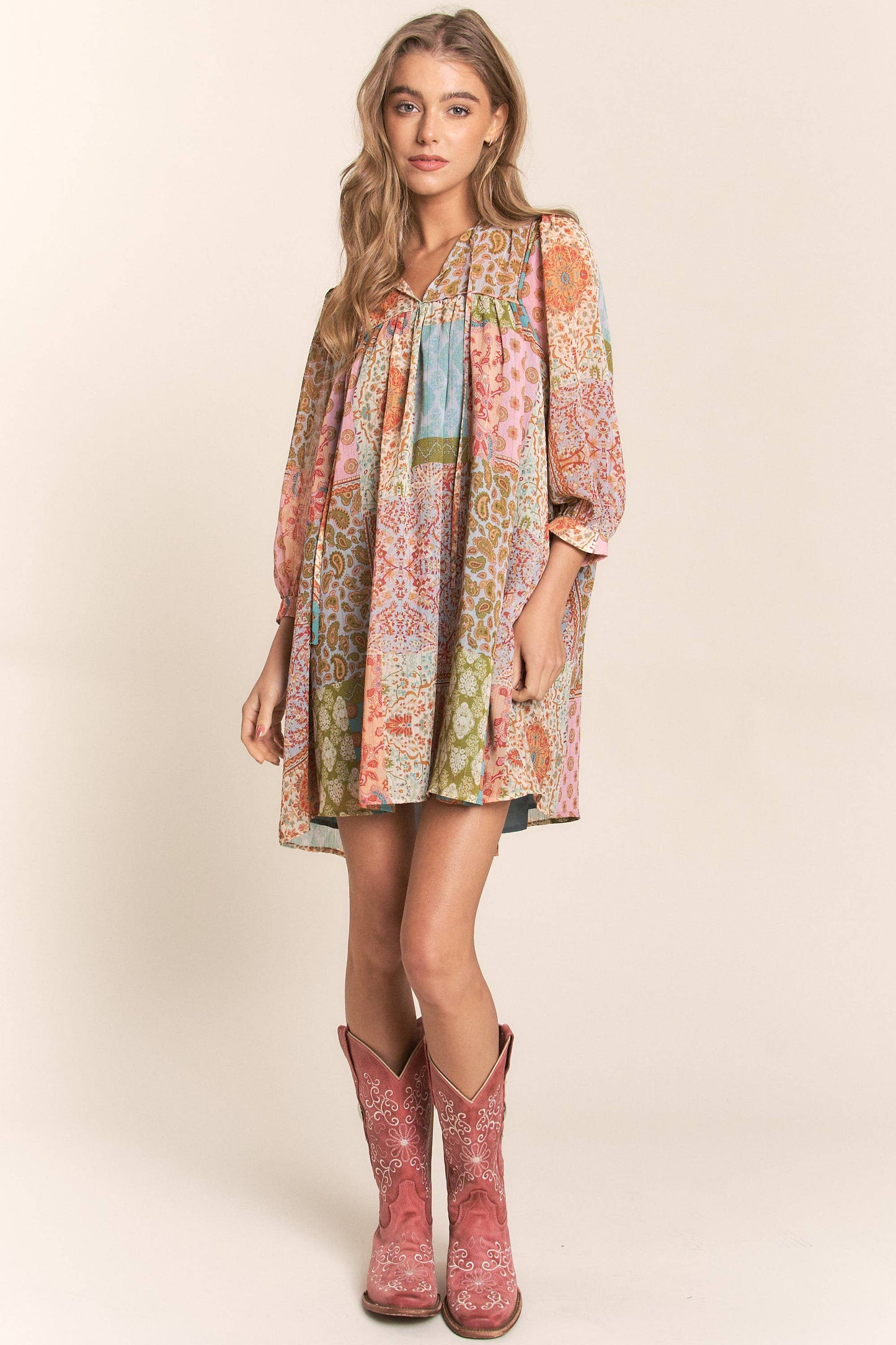 Multi Print Long Sleeve Chiffon Dress