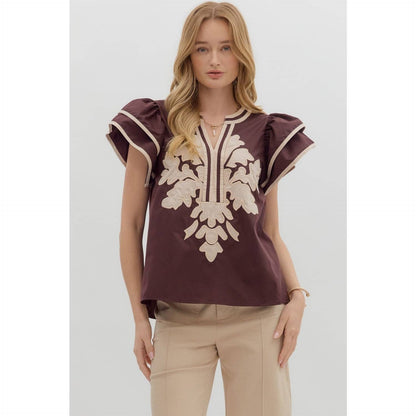 Solid Flutter Sleeve Applique Top