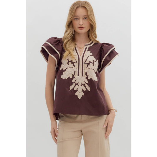 Solid Flutter Sleeve Applique Top