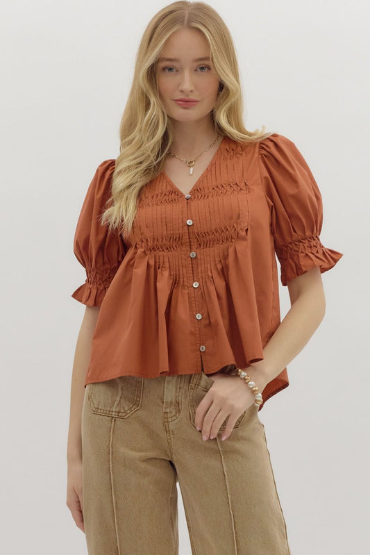 Chestnut Pintuck Puff Sleeve Top