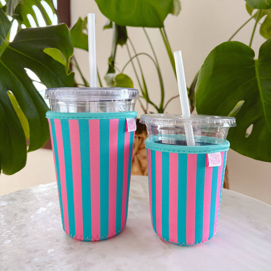 Coffee Cup Cover - Pink & Blue Stripes - Iced Drink Sleeve