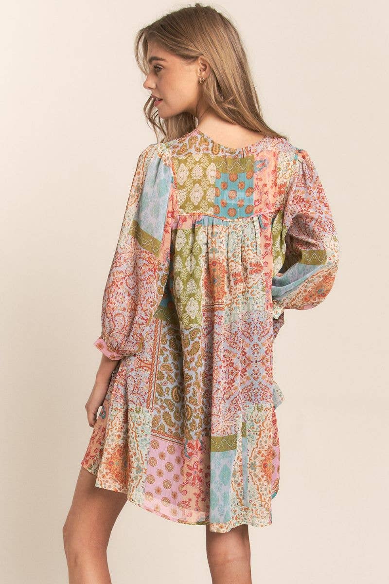Multi Print Long Sleeve Chiffon Dress