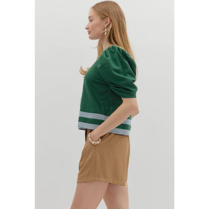 Solid Striped Elbow Length Draped Sleeve Top