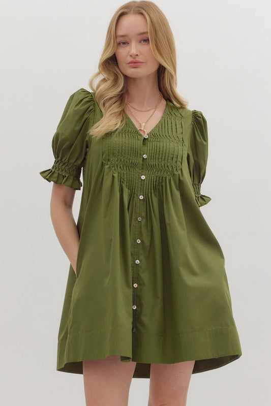 Olive Pintuck Puff Sleeve Dress