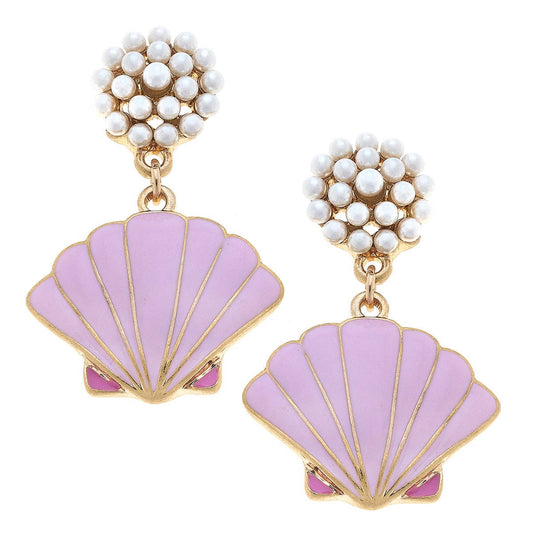 Enamel Scallop Shell Pearl Cluster Drop Earring in Pink
