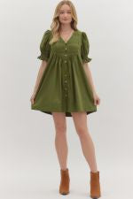 Olive Pintuck Puff Sleeve Dress