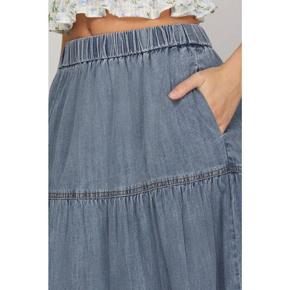 Washed Denim Tiered Long Skirt