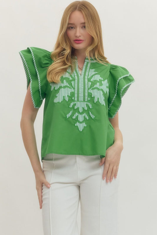 Green Flutter Sleeve with Striped Appliqué