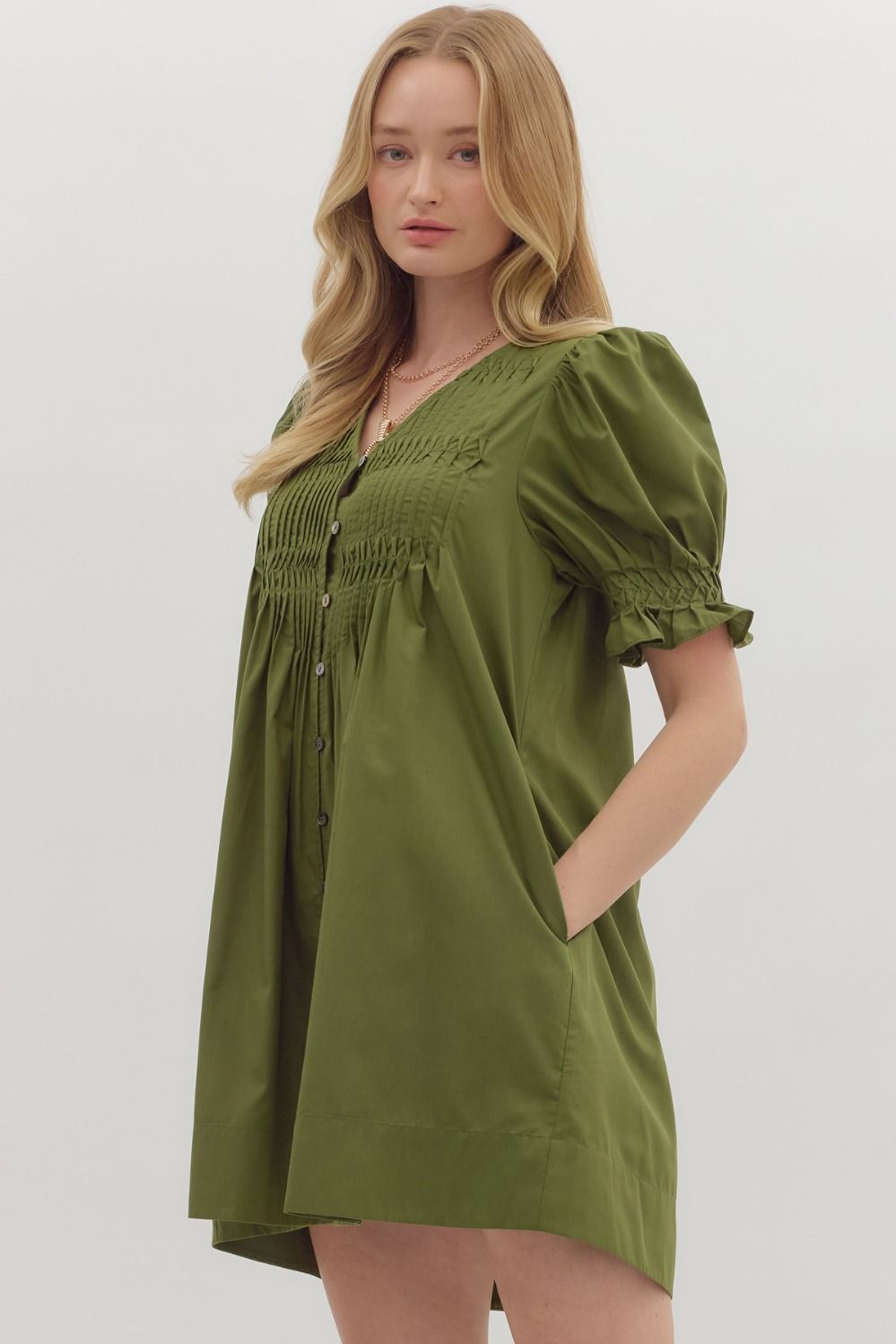 Olive Pintuck Puff Sleeve Dress