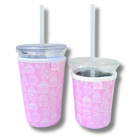Coffee Cup Cover - Pink Gingerbread Houses - Iced Drink Sleeve