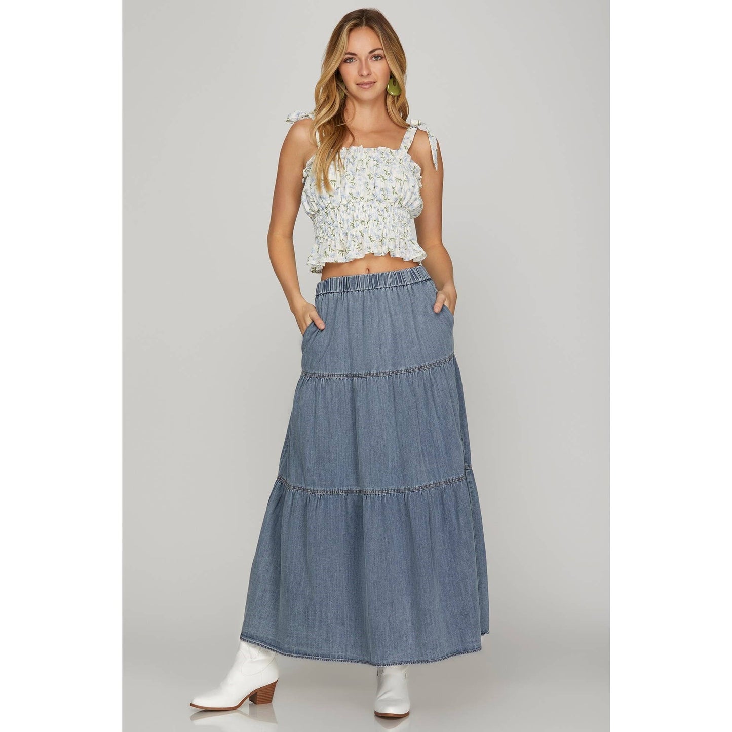 Washed Denim Tiered Long Skirt