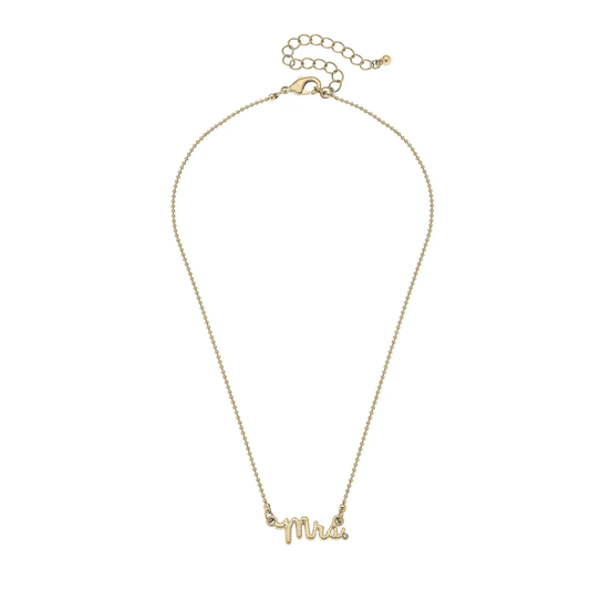Mrs. Cursive Script Necklace in Shiny Gold