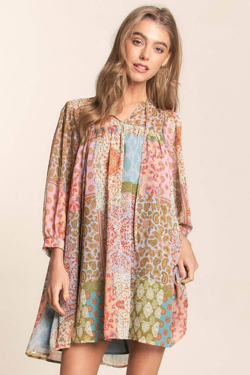 Multi Print Long Sleeve Chiffon Dress