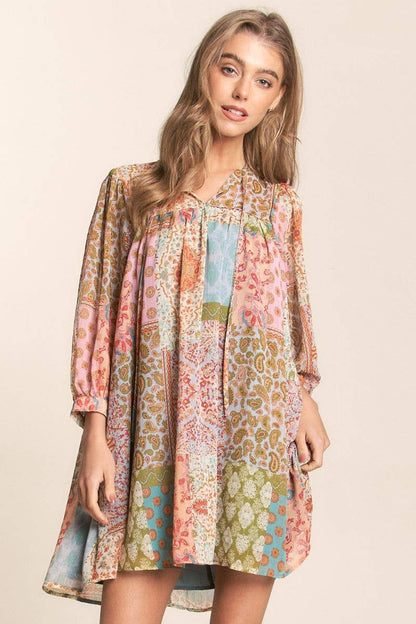 Multi Print Long Sleeve Chiffon Dress