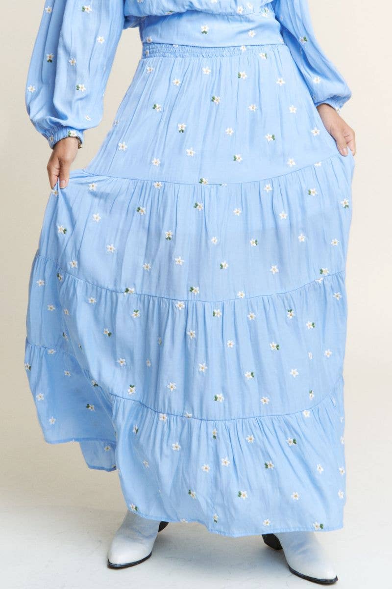 Tiered Floral Embroidered Side Slit Skirt