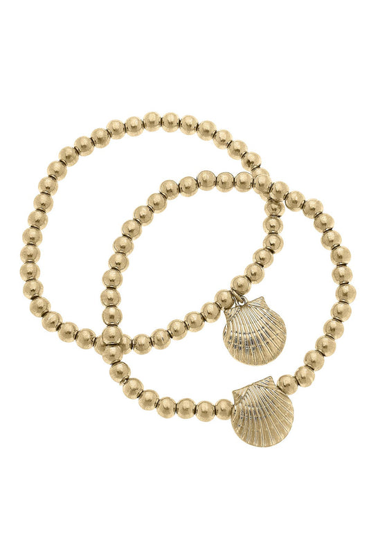 Perla Cockle Shell Ball Bead Bracelet of 2 in Shiny Gold