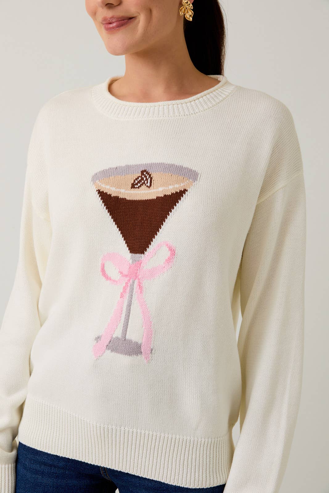 ROLL UP NECK ESPRESSO MARTINI GRAPHIC LT WEIGHT SWEATER