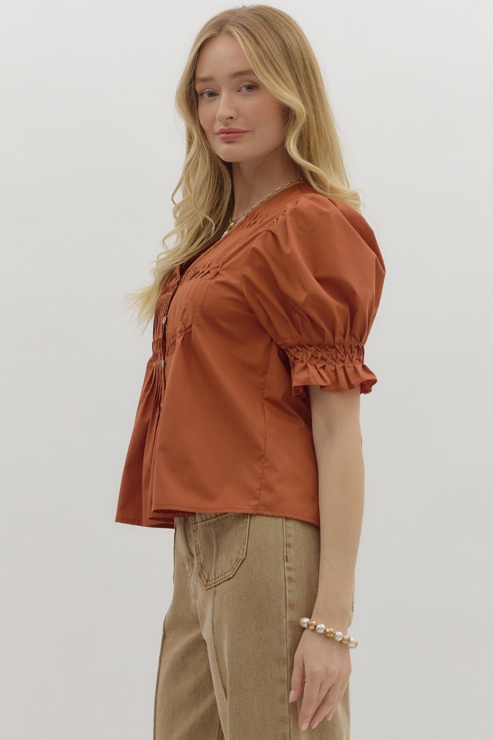 Chestnut Pintuck Puff Sleeve Top
