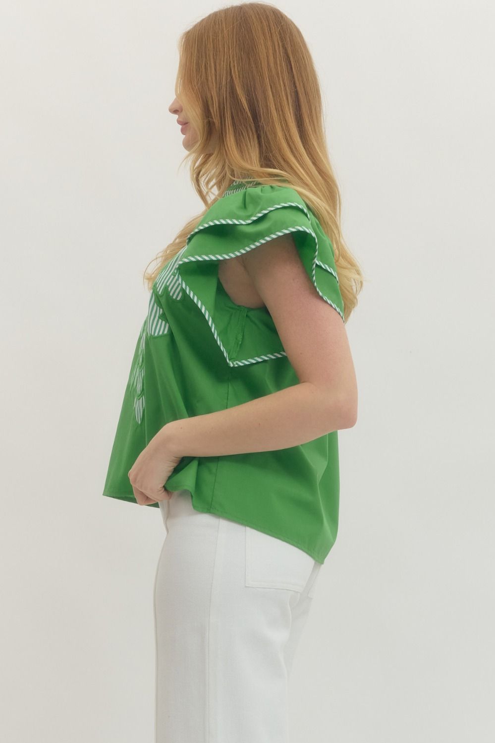 Green Flutter Sleeve with Striped Appliqué