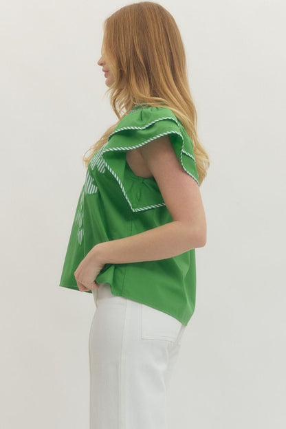 Green Flutter Sleeve with Striped Appliqué