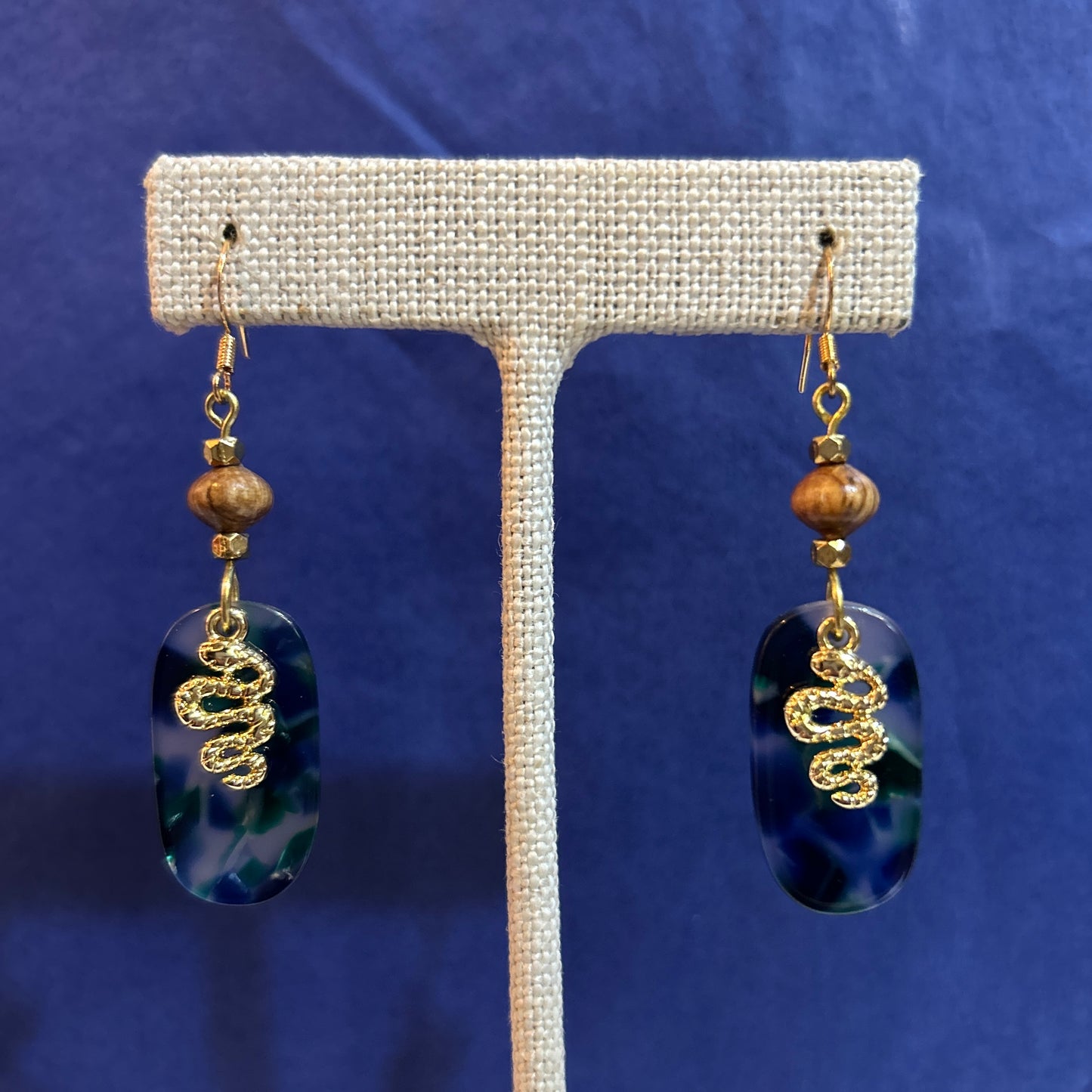 Smoke and Spirits Green Blue Tortoise Earrings With Gold Snake