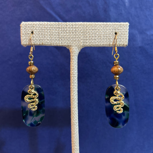 Smoke and Spirits Green Blue Tortoise Earrings With Gold Snake