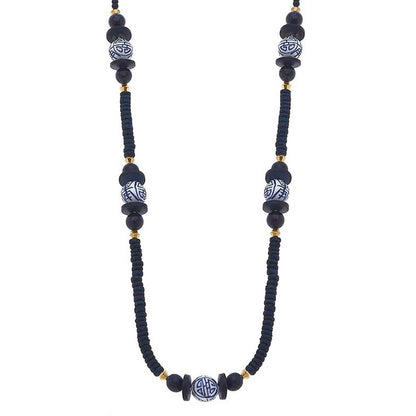 Savoy Chinoiserie & Painted Wood Necklace in Navy