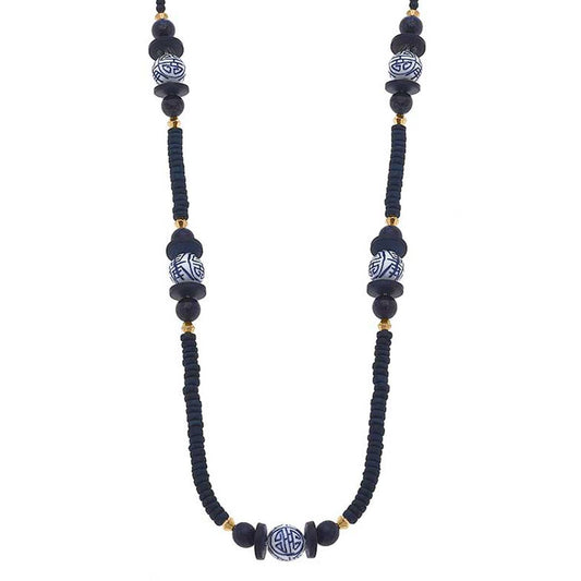 Savoy Chinoiserie & Painted Wood Necklace in Navy