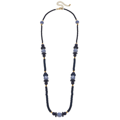 Savoy Chinoiserie & Painted Wood Necklace in Navy