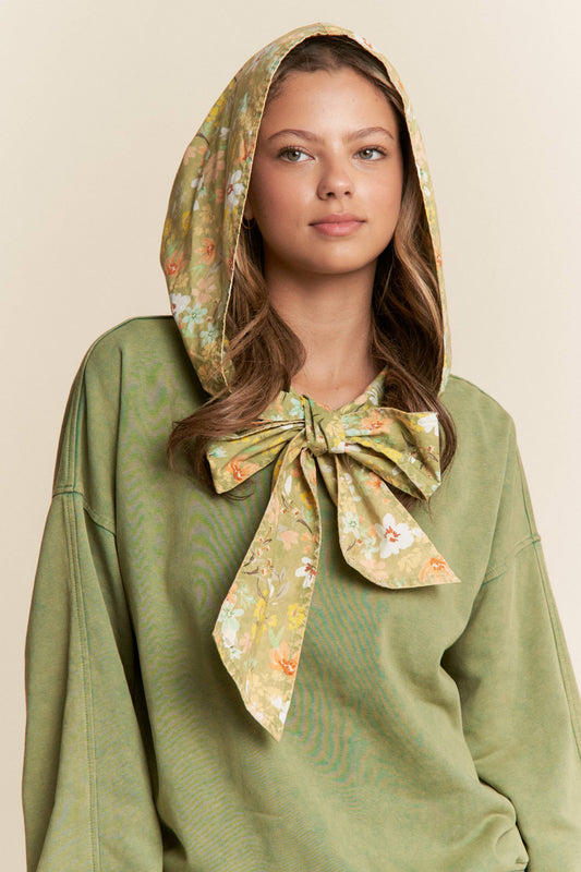 Mineral Washed Floral Print Hooded Pull-Over