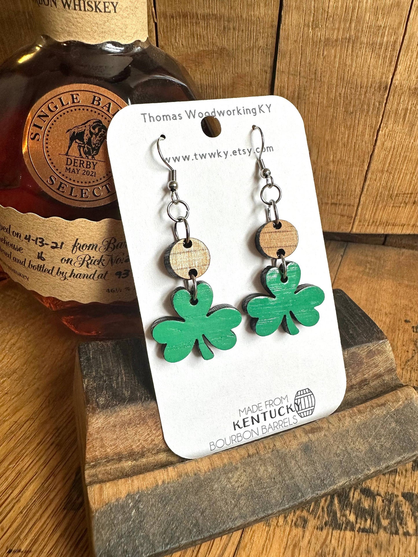 Kentucky Bourbon Barrel Shamrock Dangle Earrings