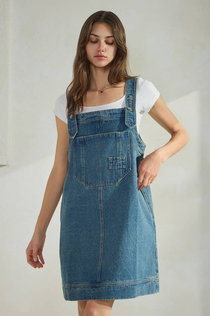 Washed Denim Overall Mini Dress