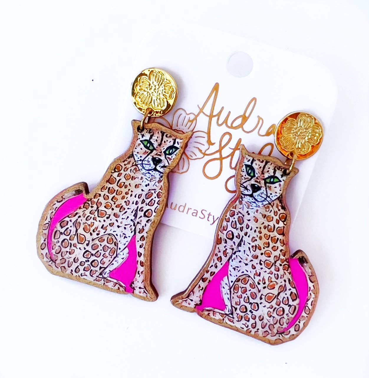 Sitting Cheetah Dangle Earring Animal Print Pop Art