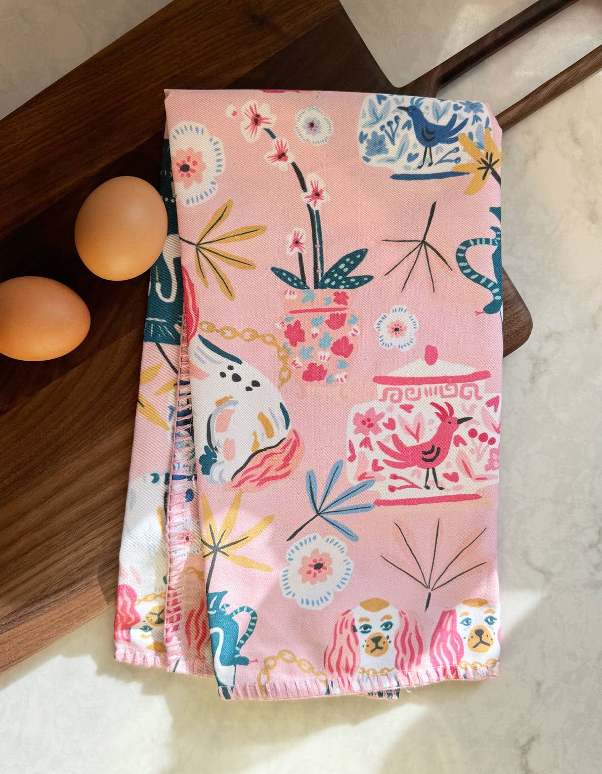 Pink Staffordshire Cotton Tea Towel with Embroidered Detail