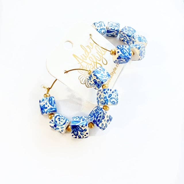 Beaded Hoop Earring - Blue White Cube