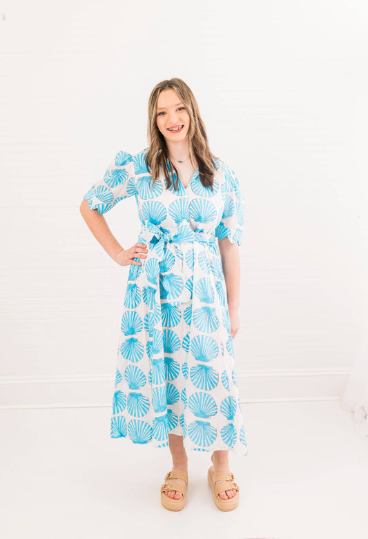Sanibel Aqua Shell Grace Scalloped Dress