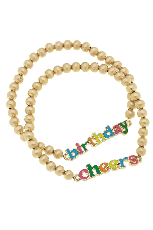 Birthday Cheers Ball Bead Bracelet Set of 2 in Satin Gold