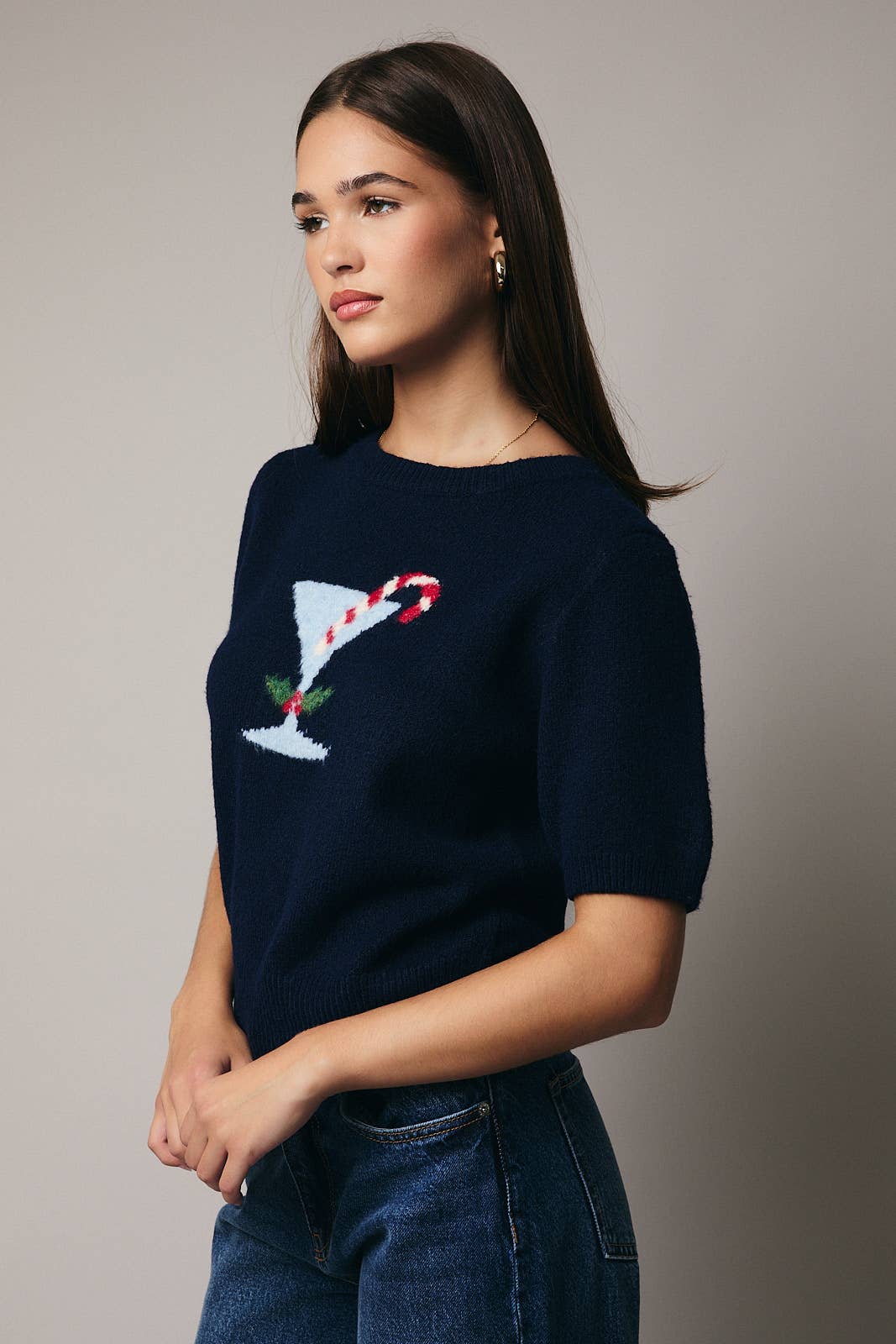 Round Neck Short Sleeve "COCKTAIL" Graphic Sweater Top