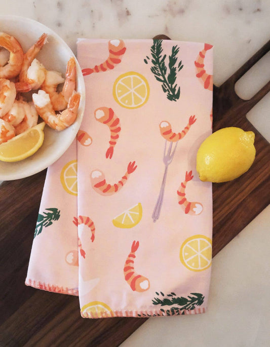 Shrimp Cocktail Cotton Tea Towel with Embroidered Detail