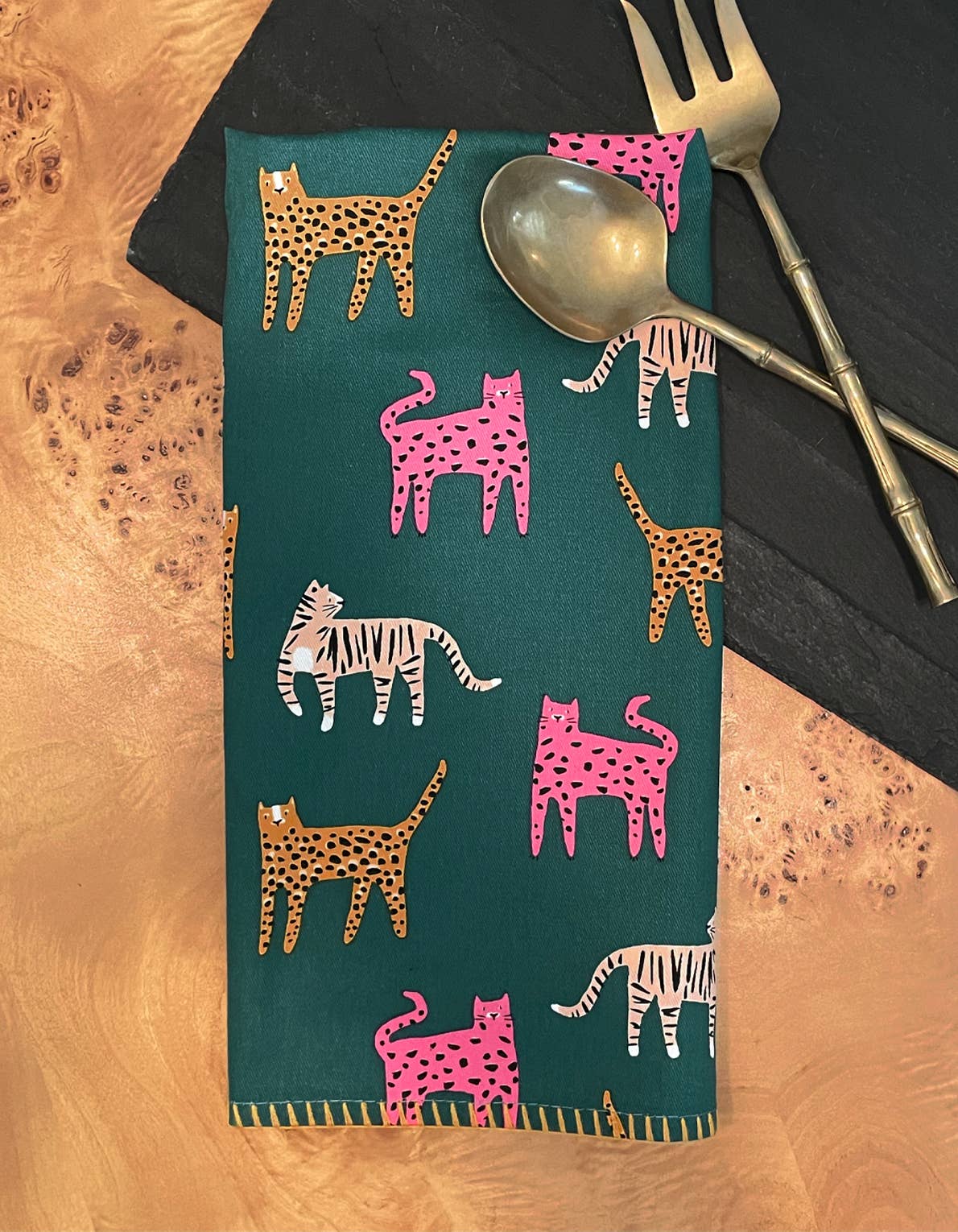 Colorful Wild Cats Cotton Tea Towel with Embroidered Detail