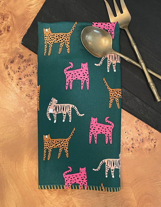 Colorful Wild Cats Cotton Tea Towel with Embroidered Detail