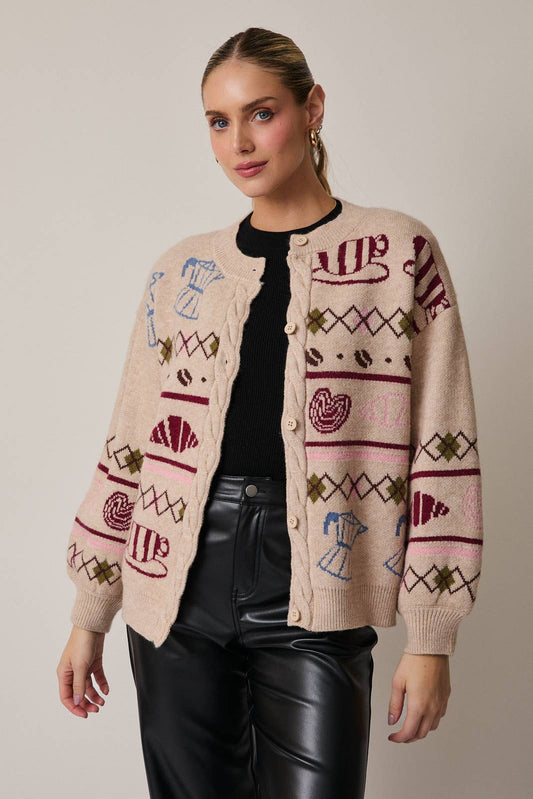 Cable Button Up Cafe Pattern Cardigan Sweater